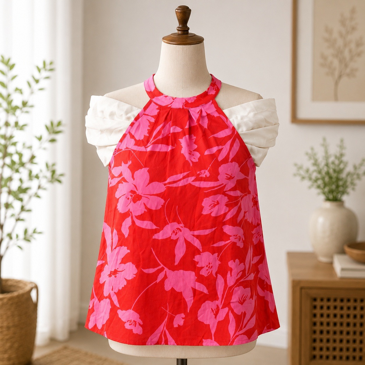 Nwt Cupshe Floral Halter Blouse Medium Red Pink Off Shoulder Cold Shoulder